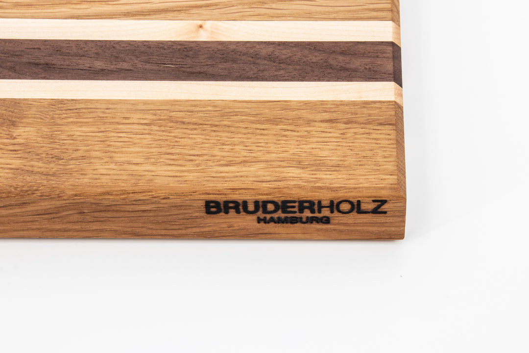 Detailaufnahme Holzstreifen Längsholz Schneidebrett Eiche Ahorn Walnuss, BruderHolz Hamburg